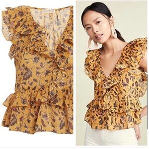 Ulla Johnson Mustard Floral Ruffle Sleeveless Blouse -Silk/cotton - Size 2